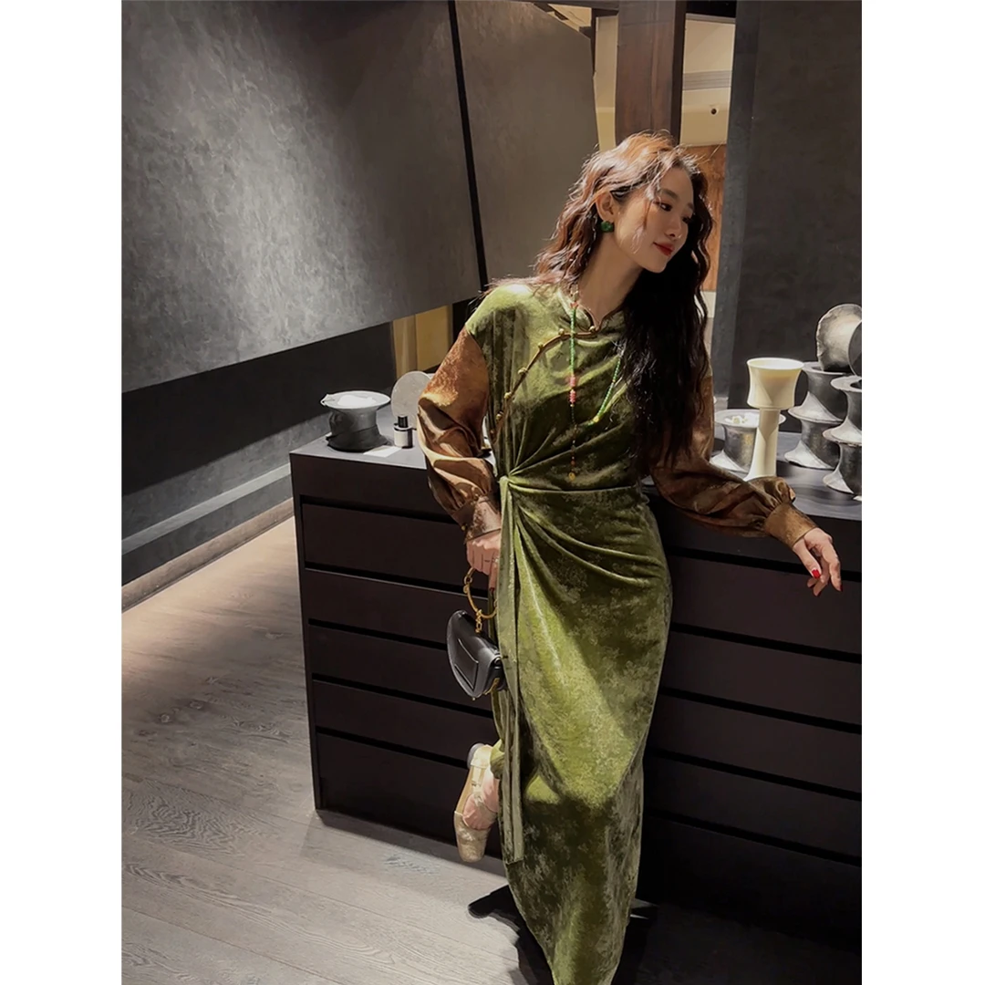 【云C专属】三吉黑花【柳如烟】新中式国风丝绒旗袍秋冬连衣裙