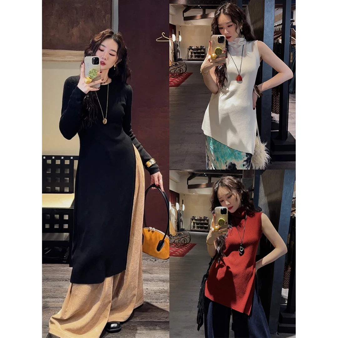 三吉黑花【长相忆】半高领打底衫上衣针织衫慵懒秋冬开叉长短组合