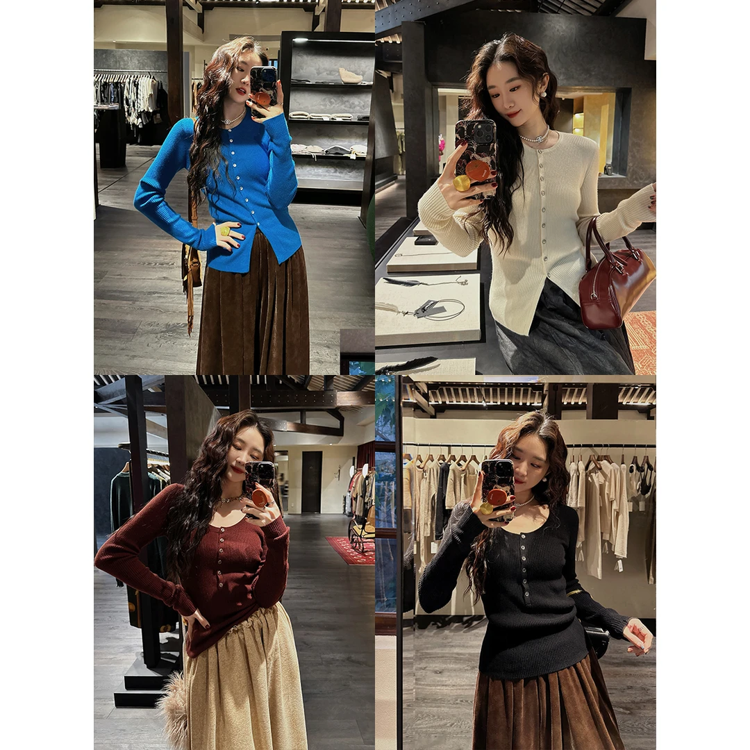 【云C专属】三吉黑花【向暖】打底衫女秋冬毛衣开衫上衣洋气内搭