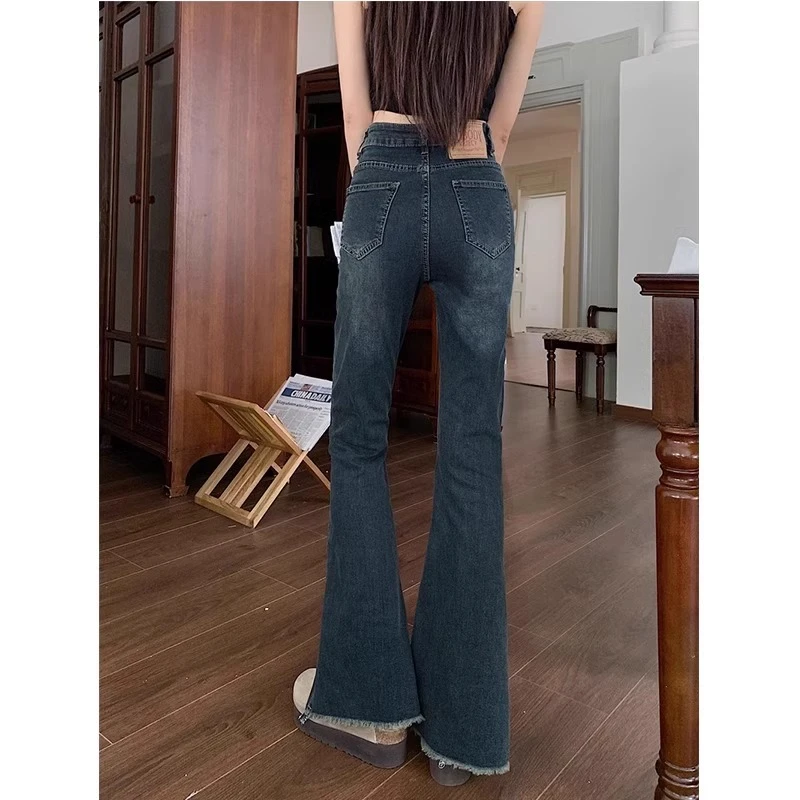 窄版微喇牛仔裤女春季新款毛边设计感胖mm高腰显瘦遮跨喇叭裤
