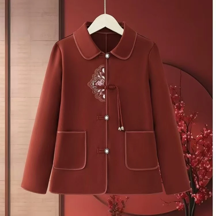 2024年春秋新款高档刺绣翻领时尚减龄气质英伦风中老年女西装外套