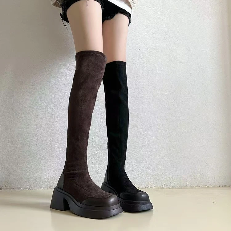 小众过膝长靴女高跟2024秋冬季高筒靴显瘦厚底弹力靴绒面长筒靴