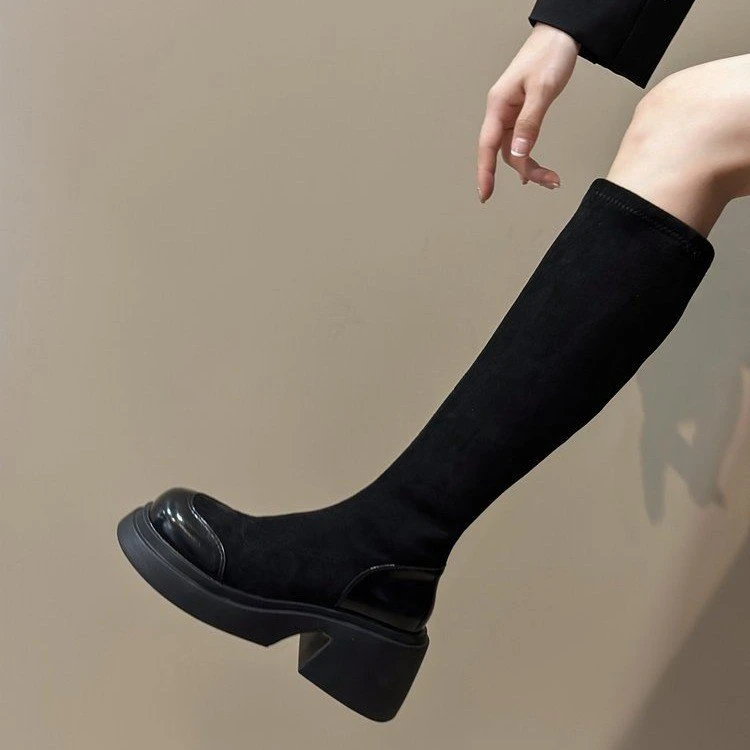欧洲站2025春季厚底增高弹力靴女黑色磨砂长靴子休闲瘦瘦靴马丁靴