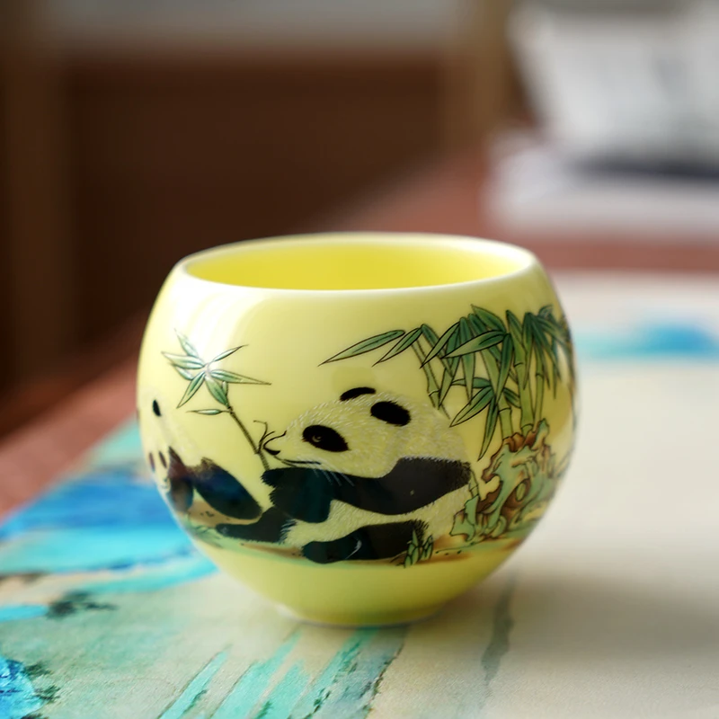羊脂玉瓷主人杯单杯萌趣熊猫杯精美喝茶杯大号宝石黄品茗杯家用