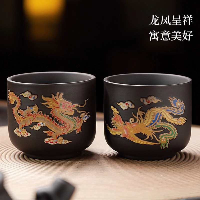 14变色龙凤紫砂主人杯家用陶瓷手工大号大红红泥对杯大容量