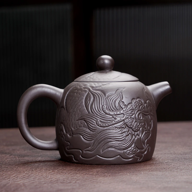 紫砂壶原矿紫泥立体浮雕堆雕大容量壶秦权壶中式井栏壶泡茶壶单壶