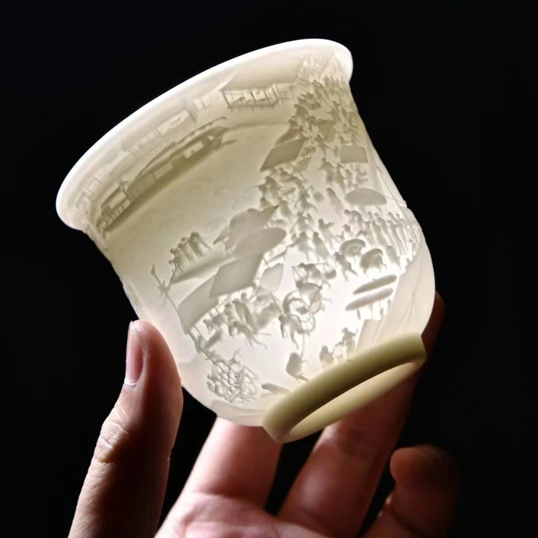 大容量羊脂玉瓷浮雕主人杯白瓷家用对杯百福杯中式大号手绘纯手工