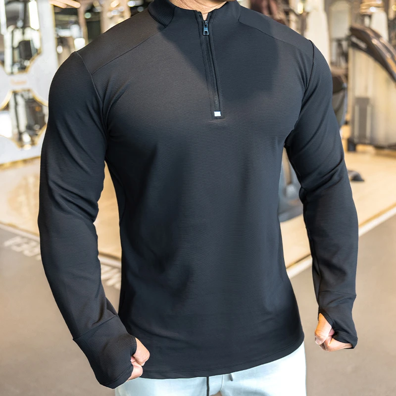 2024新款   运动健身服紧身衣跑步训练打底上衣半拉链长袖T恤高弹