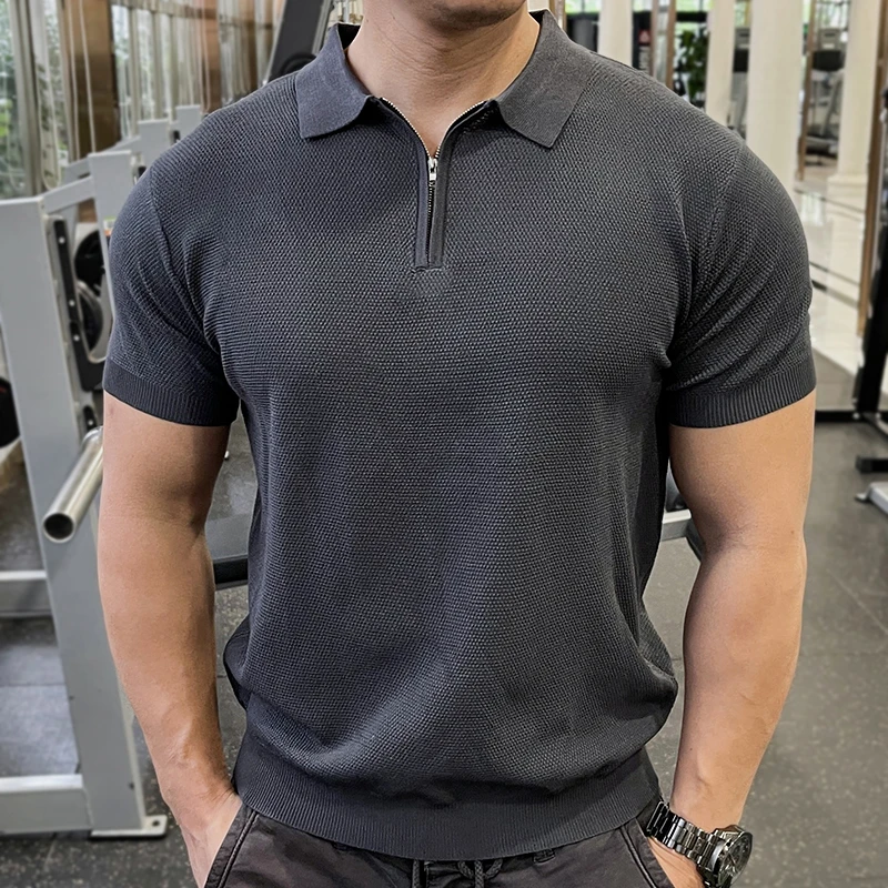 男士夏季翻领polo拉链休闲半袖运动健身纯色透气时尚百搭短袖上衣