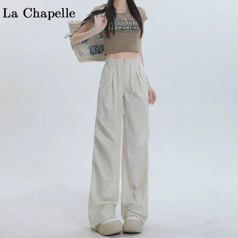 拉夏贝尔小个子直筒束脚工装裤女2025夏季奶杏色运动裤休闲阔腿裤