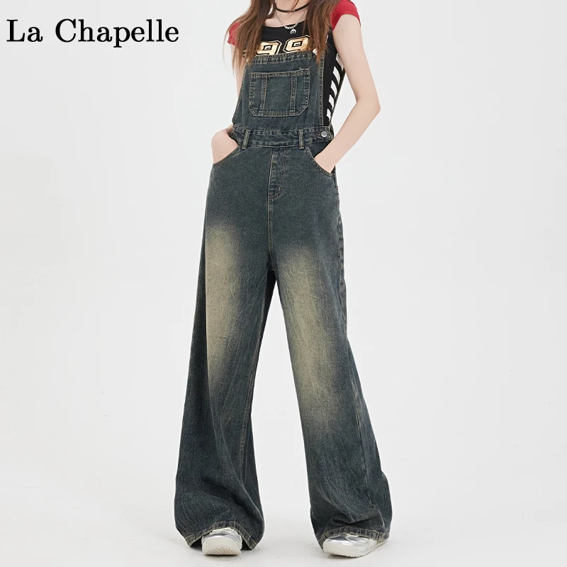 拉夏贝尔复古时尚直筒牛仔背带裤女秋季2024新款显瘦百搭阔腿长裤