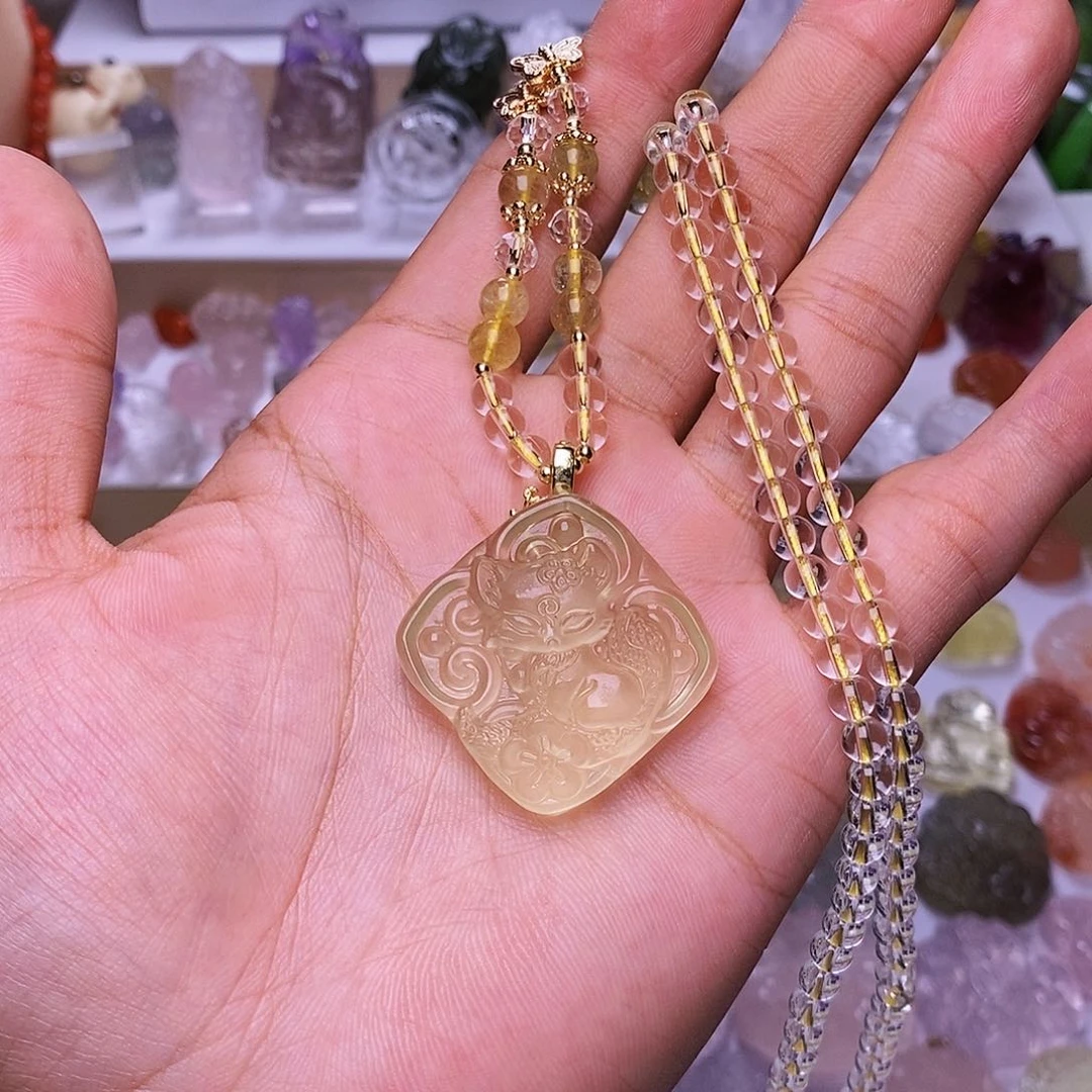 水晶颈饰未镶嵌黄水晶四方桃花狐吊坠 送链子