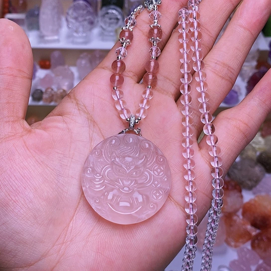 水晶颈饰未镶嵌粉水晶元宝狐吊坠一套