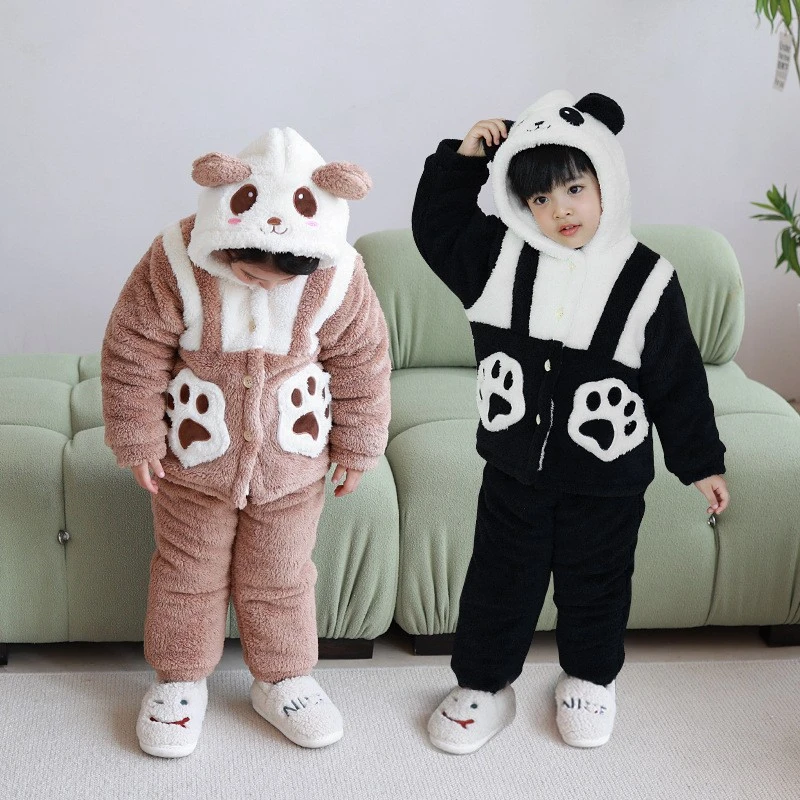 鱼飞云游冬男童小熊猫加厚家居服女宝宝加绒保暖套装珊瑚绒厚睡衣