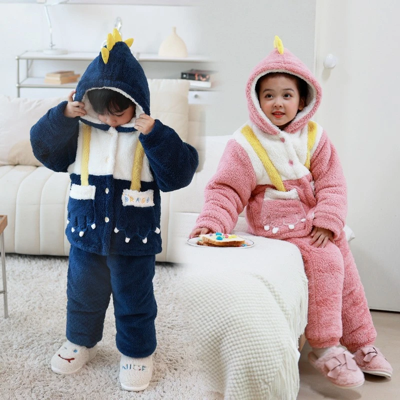 中大儿童小恐龙家居服套装保暖厚睡衣双层羊羔绒加厚男女宝宝棉袄