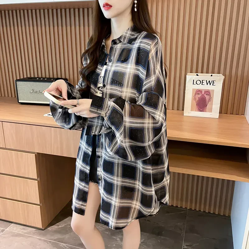 星空格子衬衫女夏2025爆款宽松薄款空调休闲中长款开衫防晒外套潮