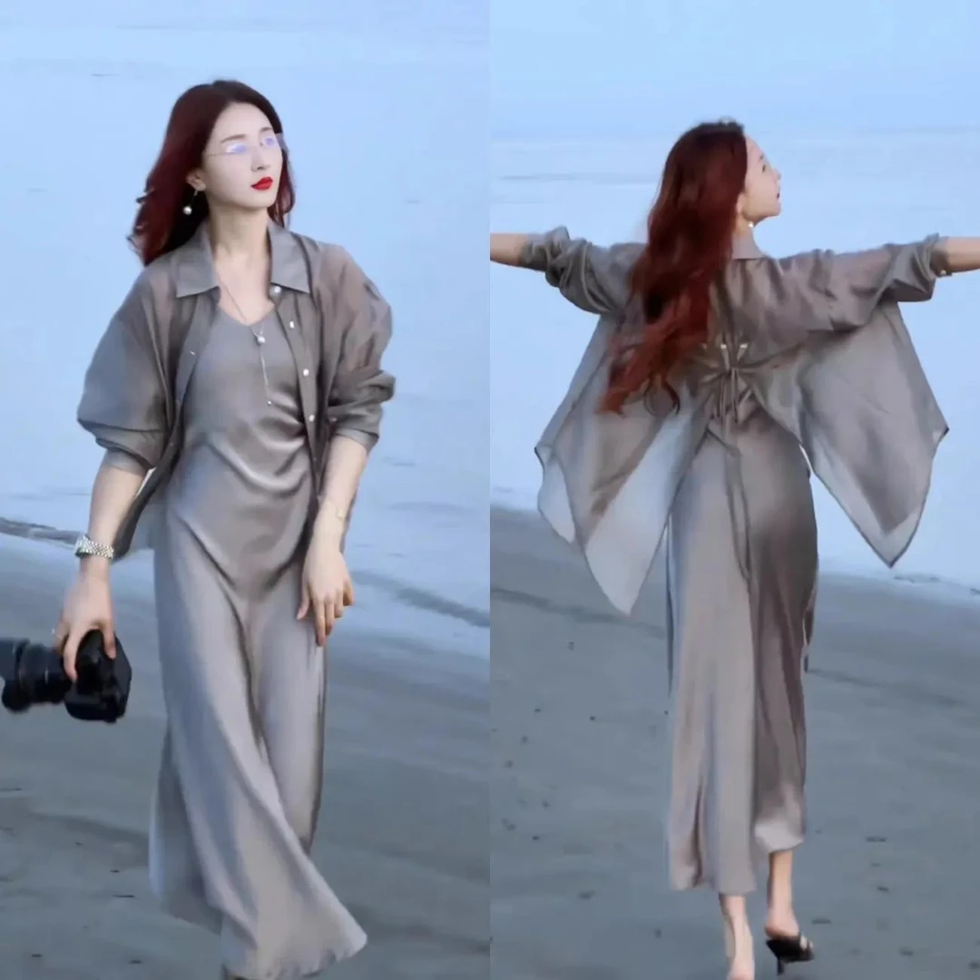 高级感轻奢套装裙女2025夏季新款防晒衫吊带连衣裙拼接纱裙两件套