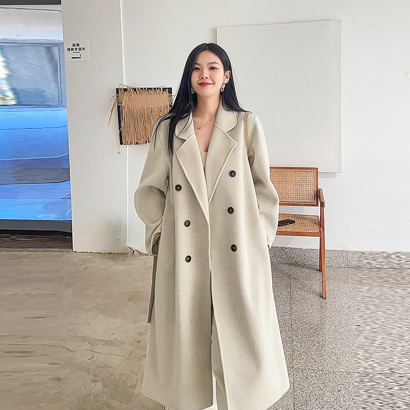 米色双面呢大衣女装冬款外套毛呢大衣中长款大码女装气质韩版宽松