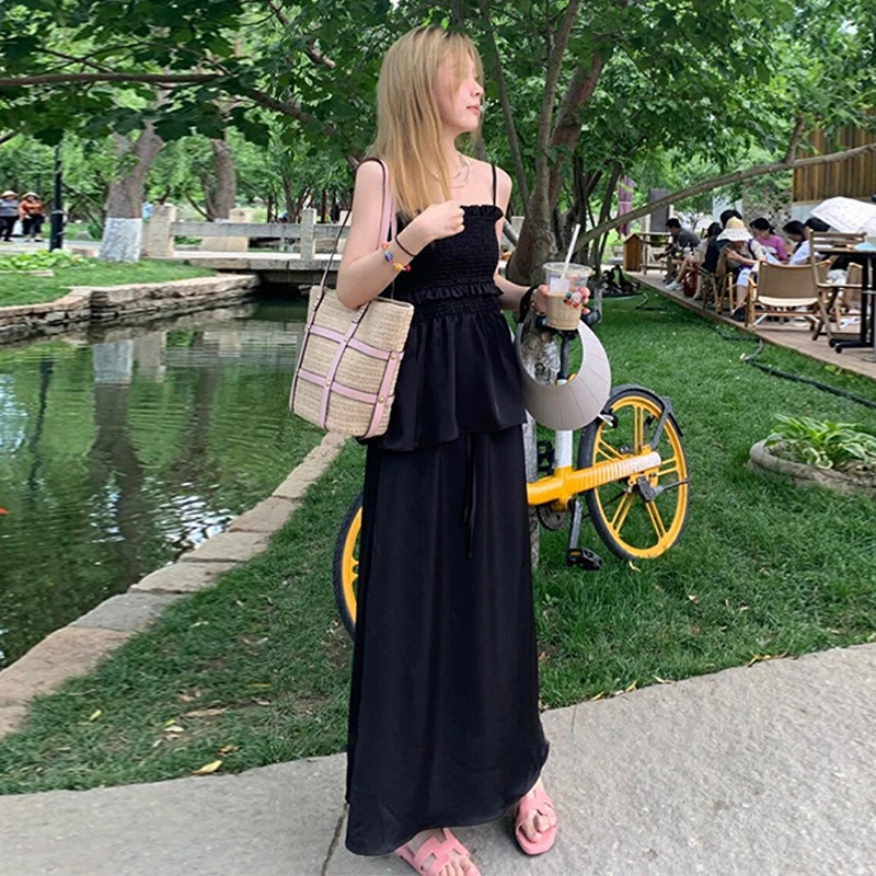 D288高级感黑色吊带连衣裙子女25新款法式度假御姐风显瘦长裙套装