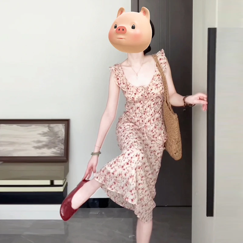 4615法式高级感小飞袖碎花连衣裙子女春季2025新款度假长裙