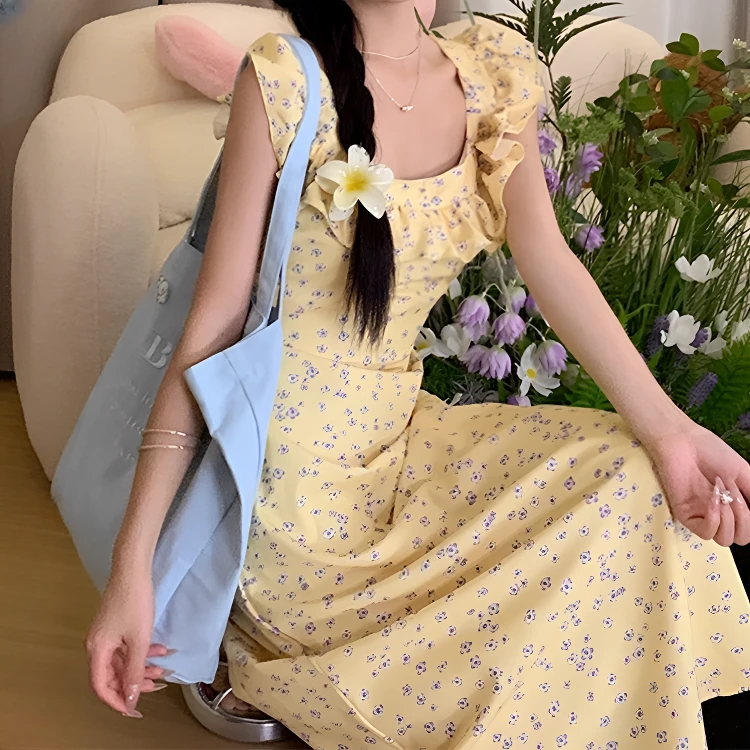 1999法式碎花连衣裙子女秋新款气质度假荷叶边气质长裙