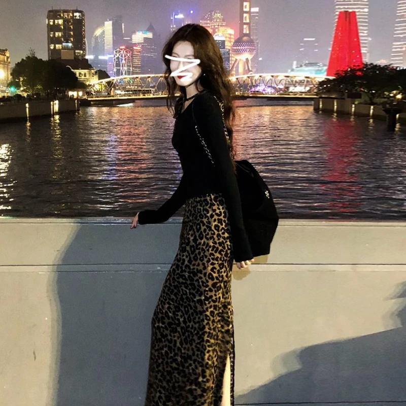 7109复古纯欲性感上衣豹纹高腰显瘦半身裙子两件套装裙女早春新款