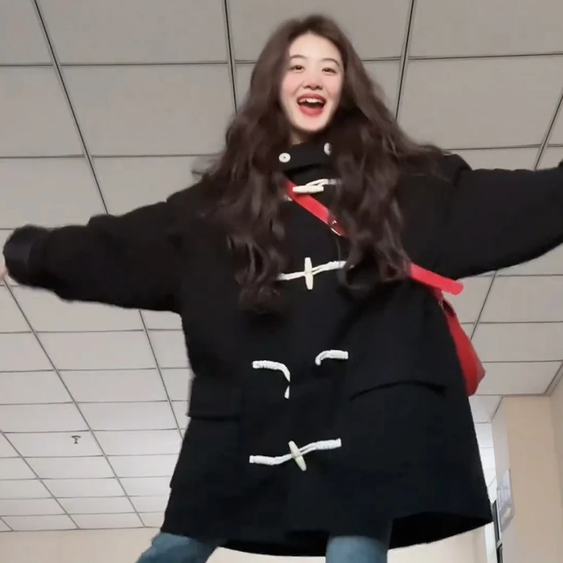 G526赫本风牛角扣毛呢外套早春韩系黑色呢子大衣中长款加厚