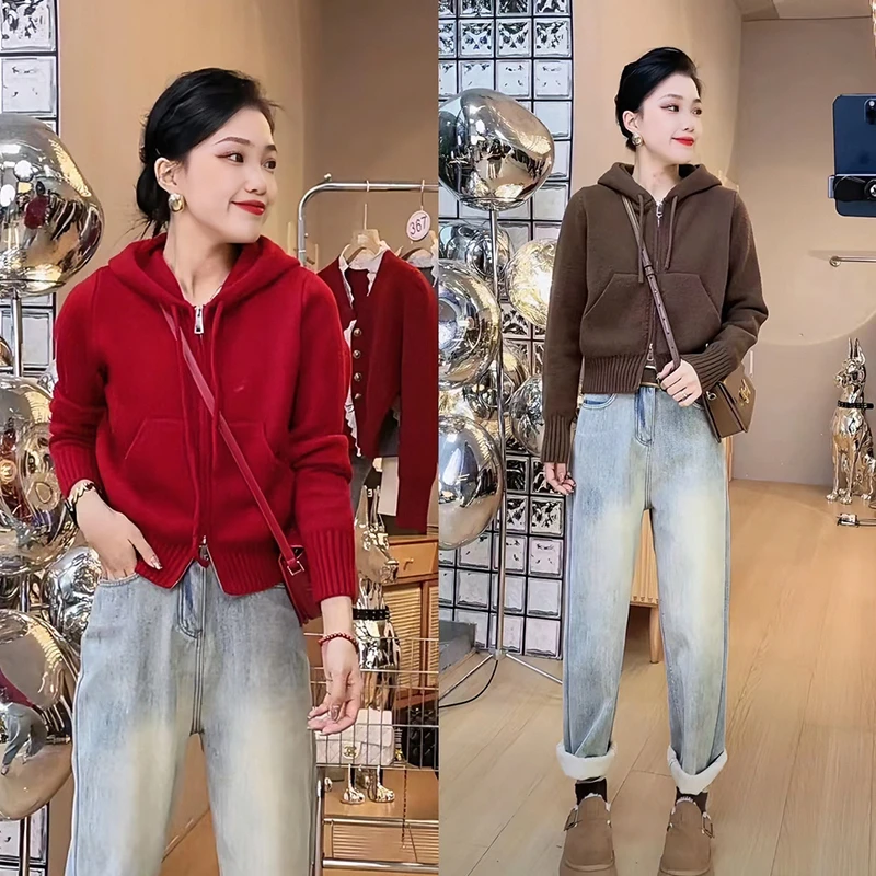 H446连帽毛衣外套女早春季外穿宽松软糯短款长袖上衣加厚针织开衫