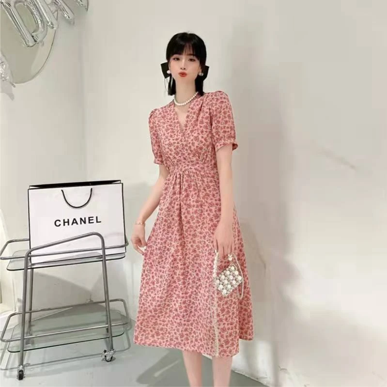 【YM·NY】8980韩版设计感V领碎花收腰连衣裙气质夏季时尚夏季复古