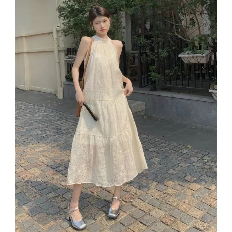【YM·NY】1716挂脖无袖连衣裙女夏季高级感法式气质宽松甜美长裙