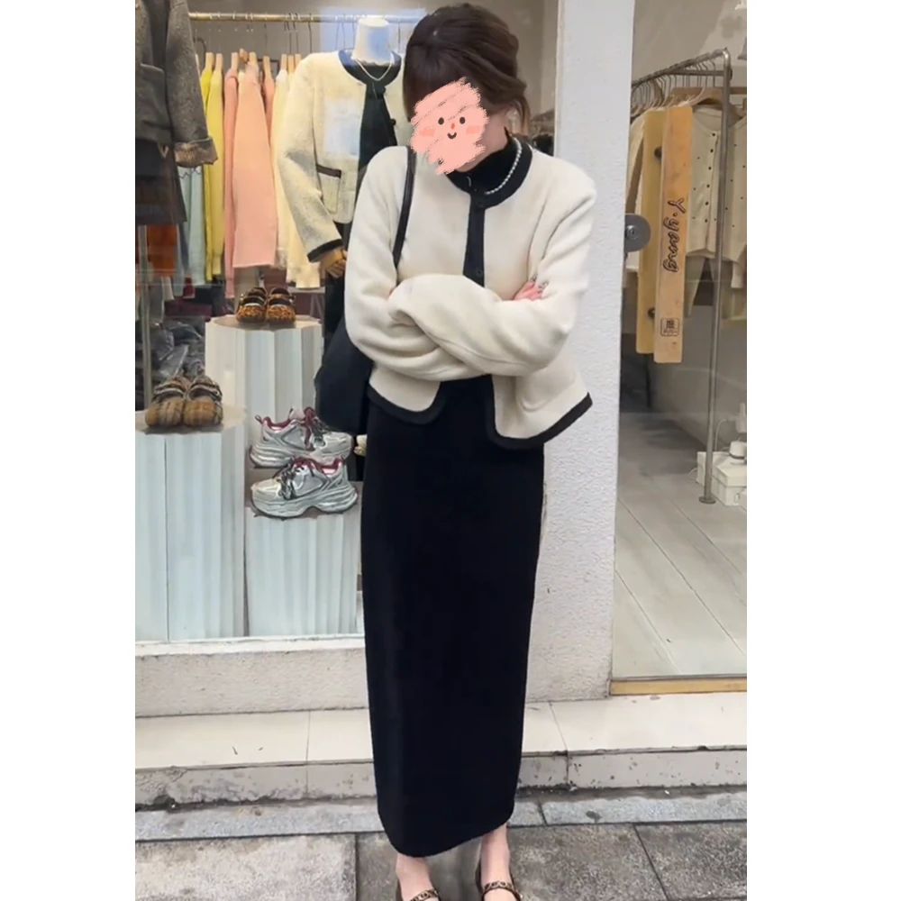 春秋新款法式小香风外套时尚显瘦呢子上衣+打底+半身裙三件套装女