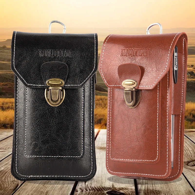 新款多功能男士方形腰包复古薄款PU材质竖款可穿皮带手机商务休闲