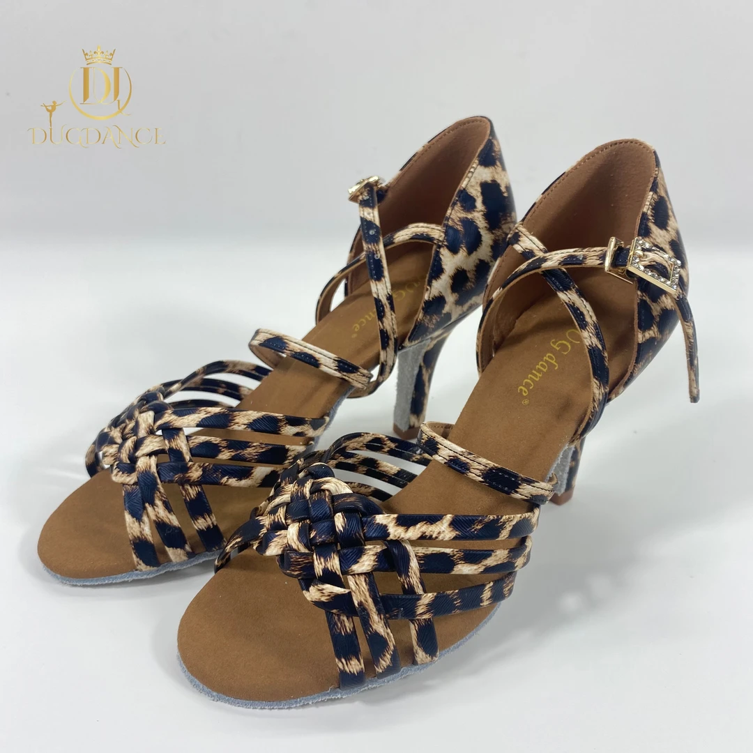 DUGDANCE高端拉丁舞鞋豹纹女士中高跟国标编织款