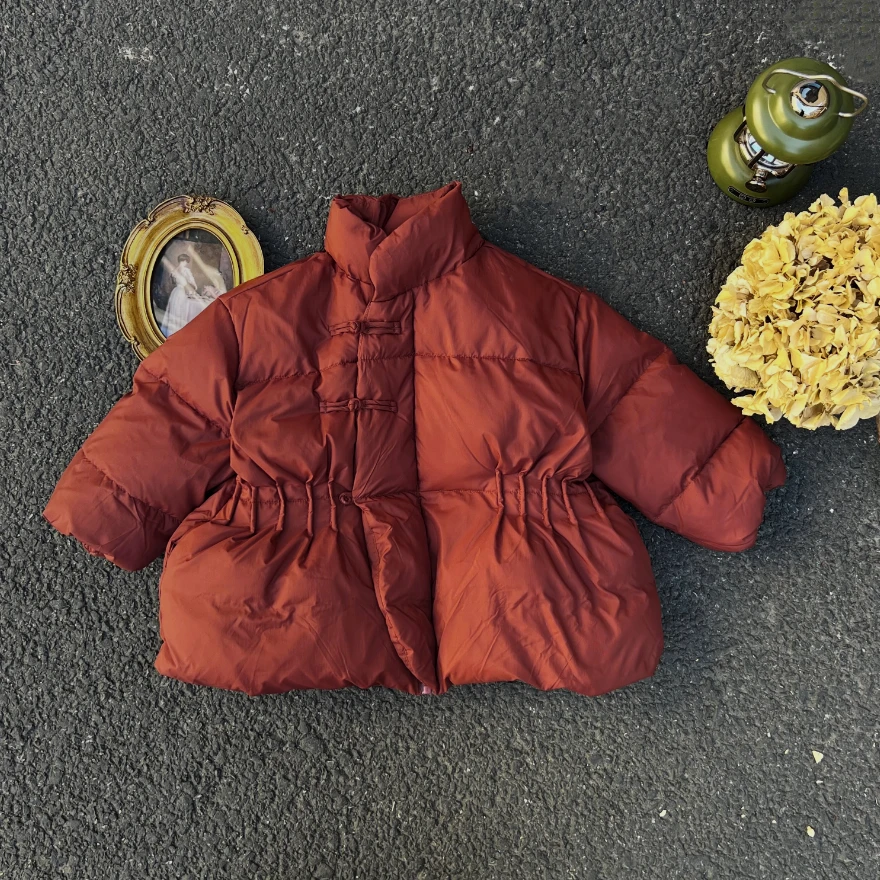 尤画韩版红色连帽加厚女童冬季外套中式风盘扣收腰保暖外套99979