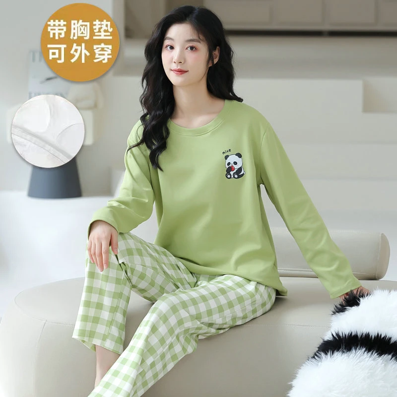 2025年新款睡衣女春秋季带胸垫卡通秋冬可外穿绿色熊猫家居服套装