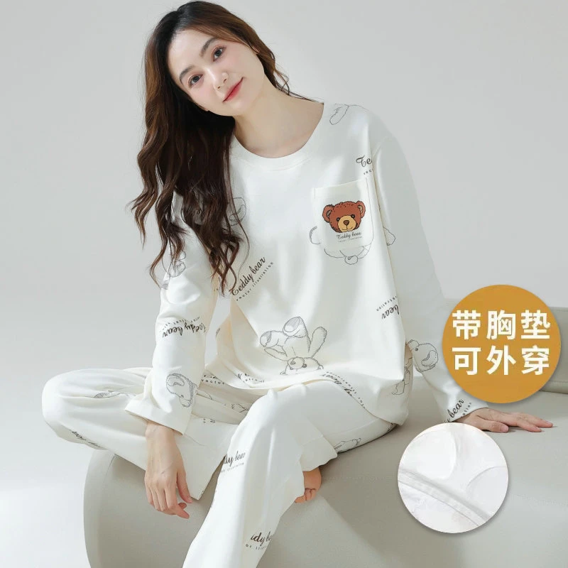 2025年新款睡衣女春秋冬季带胸垫甜美卡通外穿大码口袋家居服套装