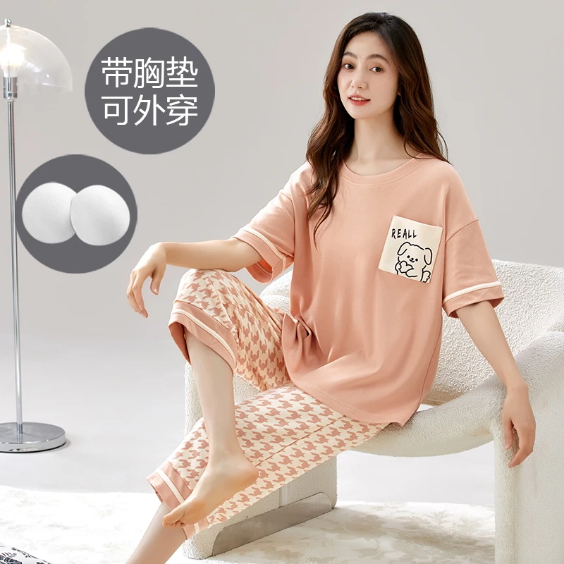 睡衣女夏季带胸垫一体套装2025新款短袖七分裤女士两件套装可外穿