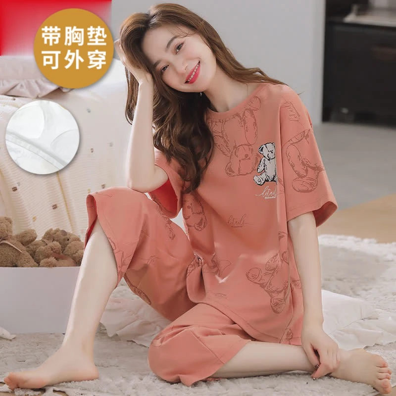 睡衣女夏季带胸垫一体短袖七分裤甜美可爱卡通防凸点贴家居服小熊