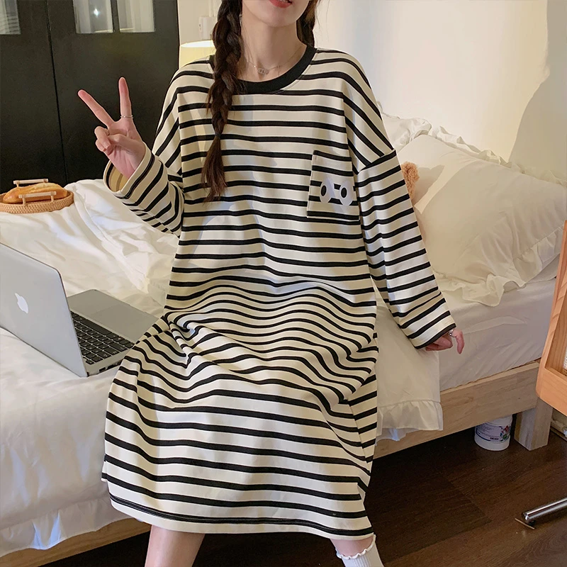 女士春秋款甜美长袖睡裙家居服2025新款秋季女款大码孕妇睡衣外穿