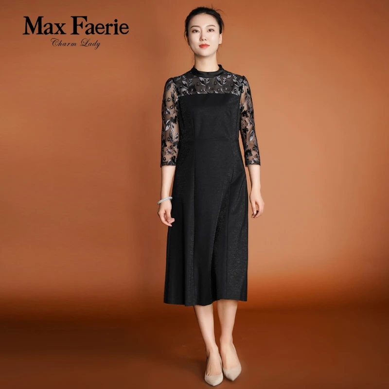 MG1L018【麦克斯菲瑞】气质时尚黑色蕾丝优雅舒适连衣裙