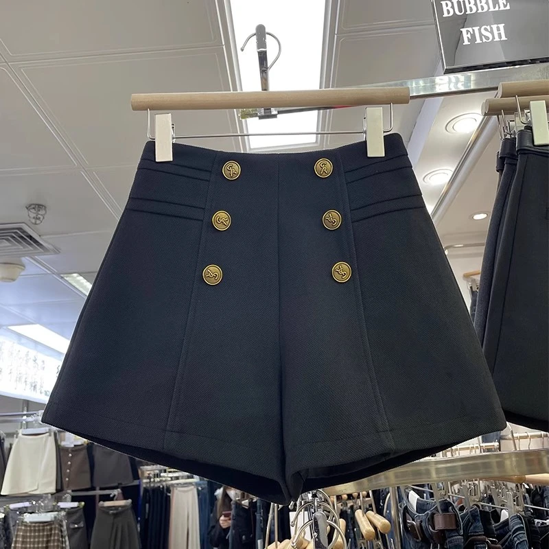 短裤女外穿2025秋冬新款毛呢韩版高腰显瘦a字阔腿休闲靴裤双排扣