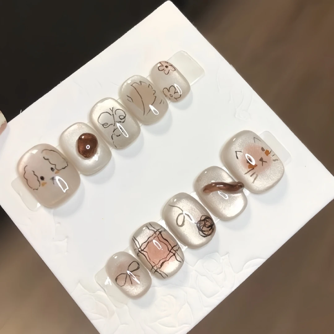 断码促销《小猫小狗》手绘小猫小狗可爱短甲手工穿戴甲气质ins 裸色