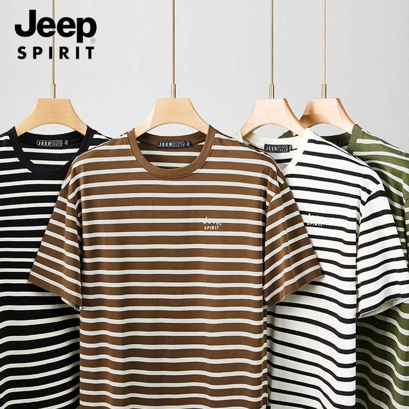 JEEP SPIRIT时尚条纹圆领男士夏季短袖潮流休闲透气百搭简约T恤