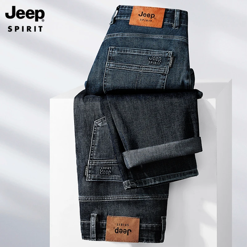 JEEP SPIRIT秋冬厚款商务休闲直筒牛仔裤男复古百搭中腰大码长裤