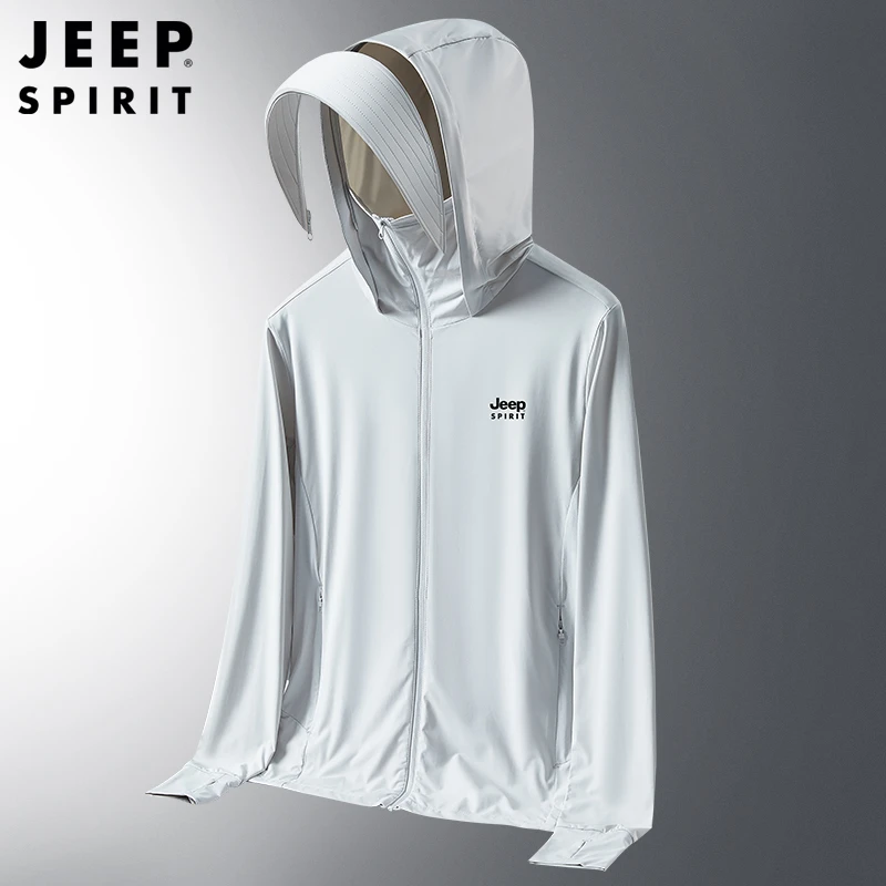 JEEP SPIRIT户外弹力冰丝防晒外套男夏季薄款钓鱼连帽防晒衣男款