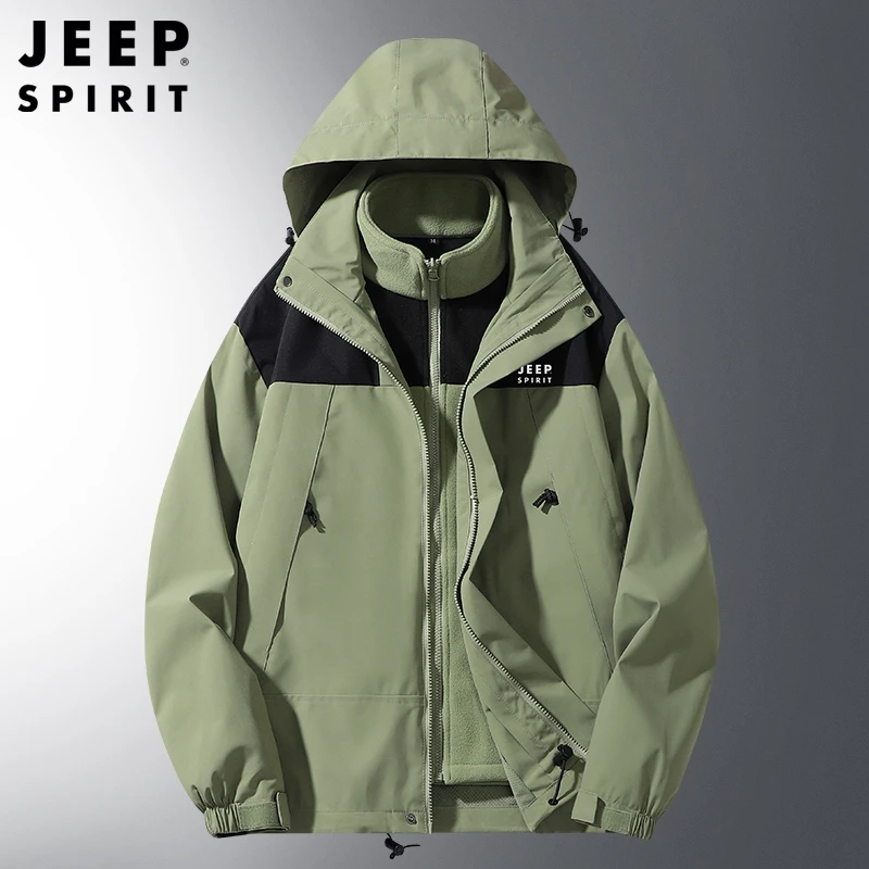 JEEP SPIRIT秋冬季防风保暖外套情侣款抓绒内胆登山服三合一风衣