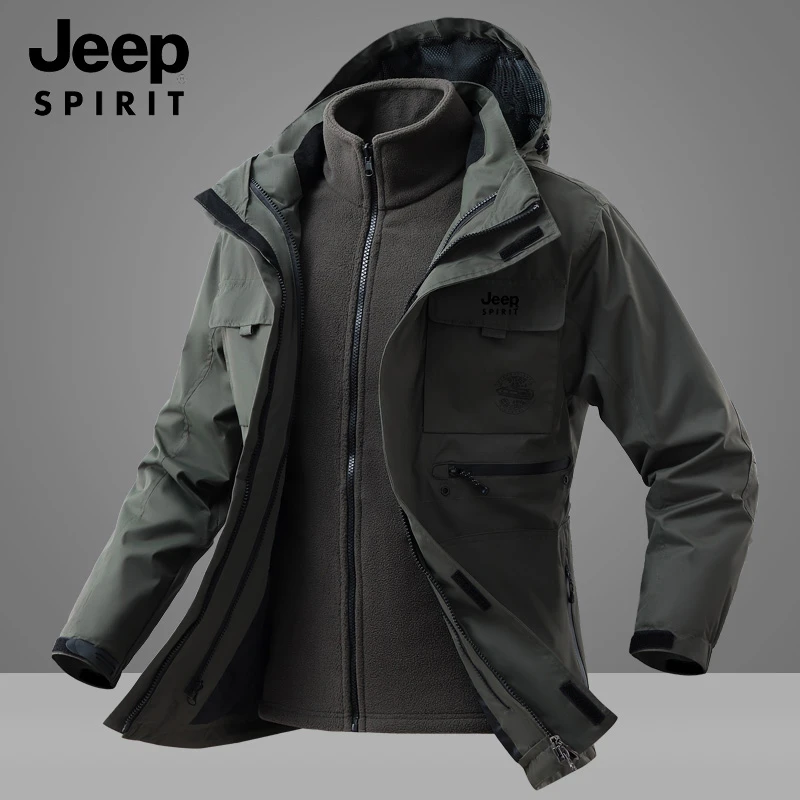 JEEP SPIRIT两件套夹克男士秋冬可拆卸内胆保暖上衣防风防水外套