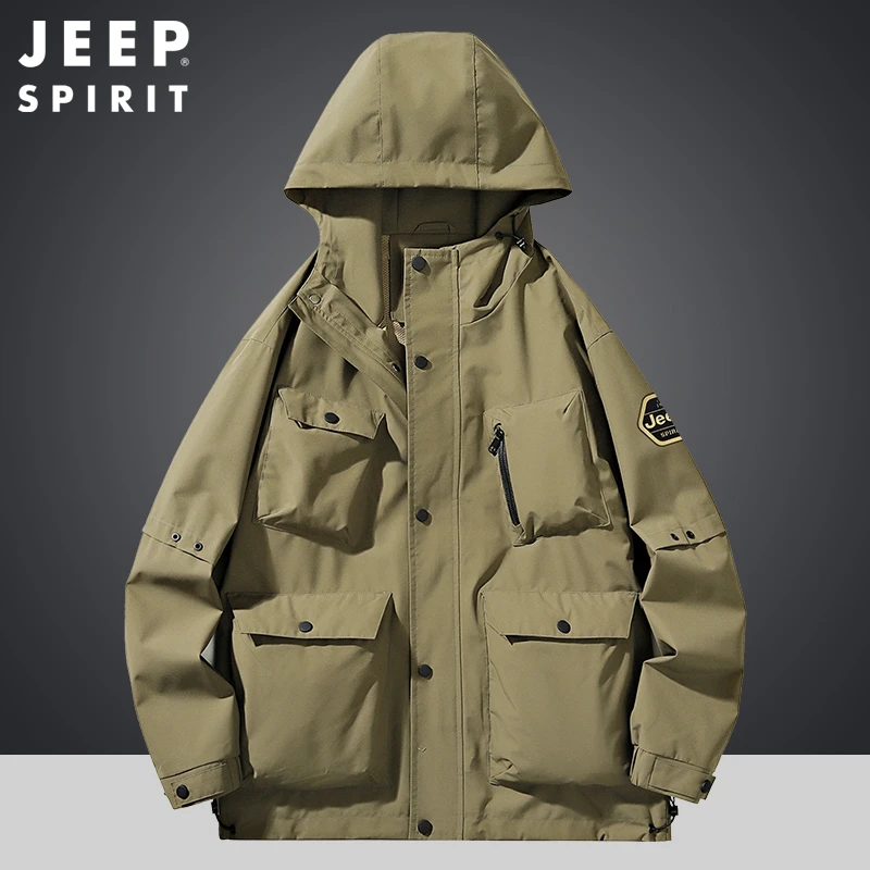 JEEP SPIRIT多口袋运动休闲风衣男士春秋季防风防水工装连帽外套