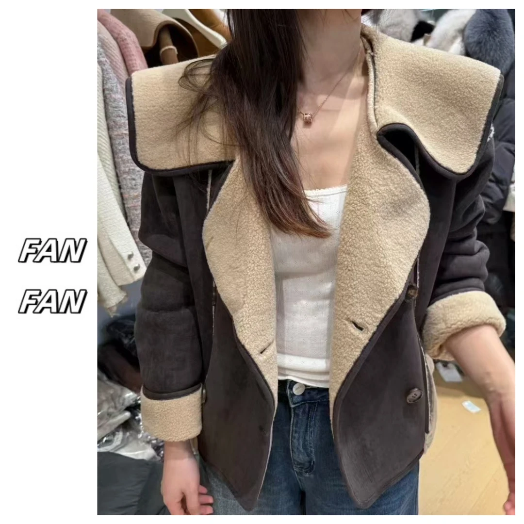 FANFAN 美拉德高级感轻熟风皮毛一体羊羔毛大翻领外套