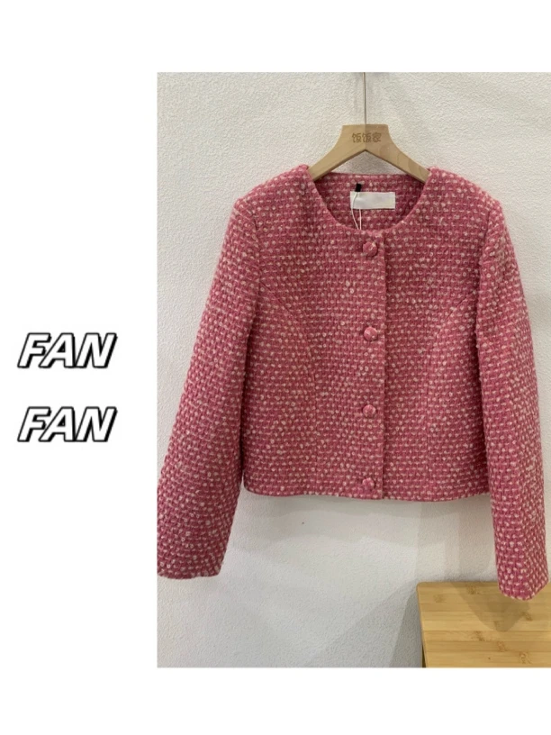 饭饭家   温柔甜心无领编织风法式简约时尚气质感香风外套